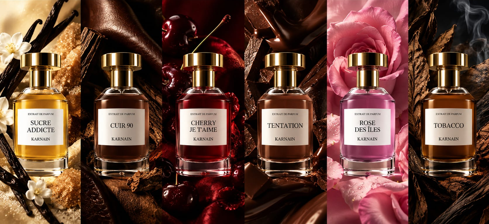 Les six fragrances Karnain, chacune sur sa matière : vanille, cuir, cerise, chocolat, rose et tabac.